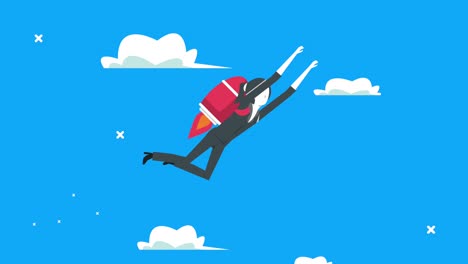 elegante trabajador de negocios volando con un cohete en el cielo