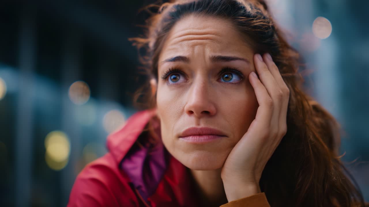 Um momento contemplativo capturado em dois frames, mostrando uma mulher em profunda reflexão, transmitindo emoções de preocupação, ponderação e introspecção em um ambiente agitado