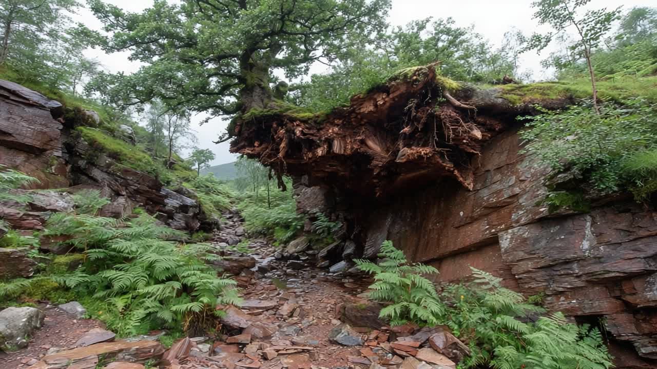 A Stunning Scenic View of a Dramatic Tree Root System Growing on an Elevated Rock Formation Surrounded by Lush Ferns and Natural Landscape