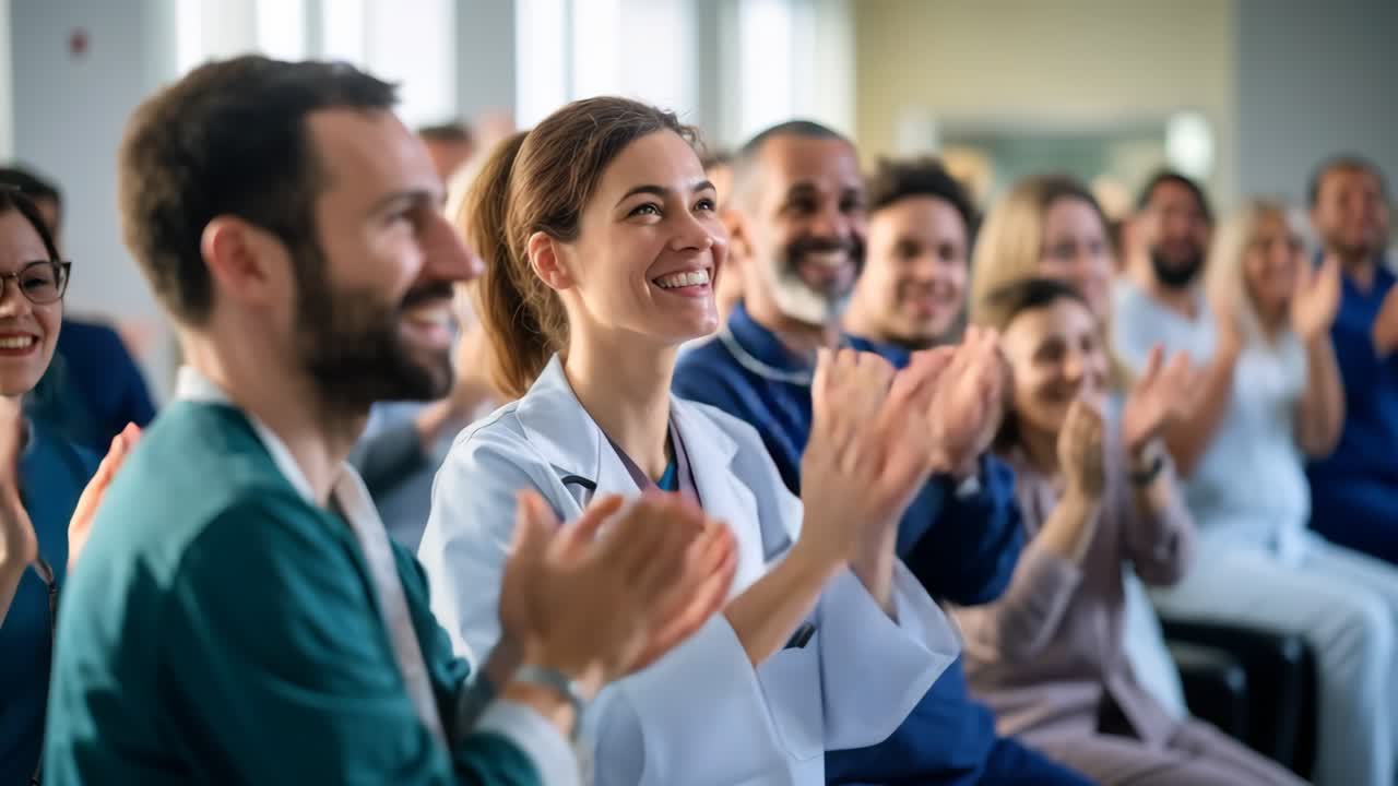 A lively group of professionals applauding in a seminar setting