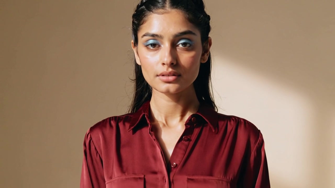 Posing model lowering gaze as cam pulling back showing burgundy blouse metallic-blue shadow studio
