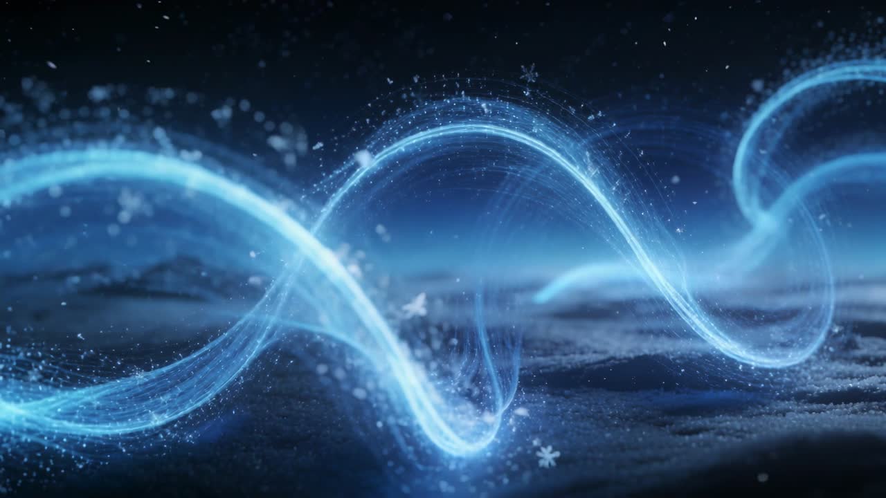 Appearing low in frame, blue ribbon curving over clouds at night, emitting snowflake particles