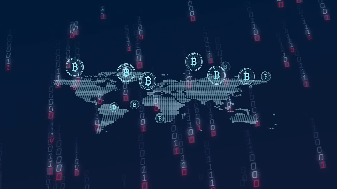 Bitcoin symbols and binary code animating over world map background