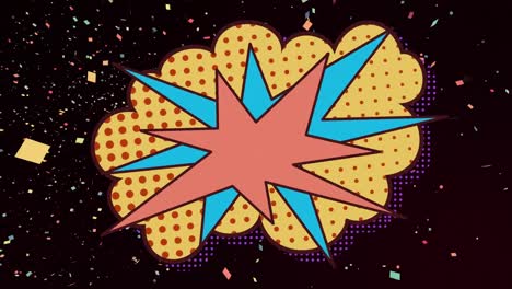 Animation-of-comic-book-explosion-graphic-with-confetti-falling-on-black-background