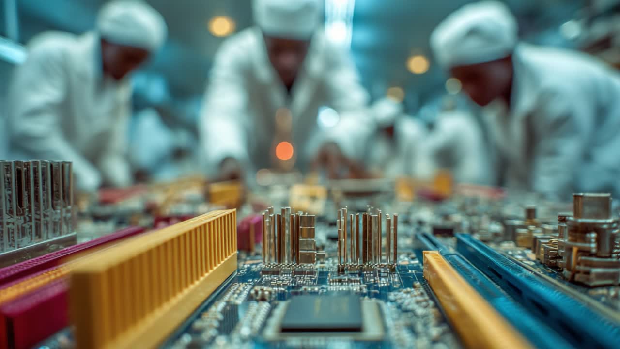 Technicians Focused on Assembling Advanced Circuit Boards in a Laboratory Environment, Showcasing Precision and Collaboration in Electronics Manufacturing