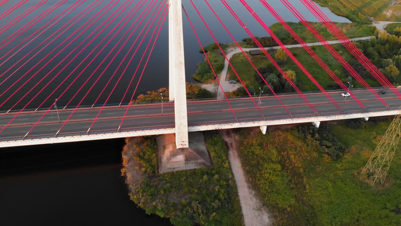 Aerial shot Cable-Stayed Bridge On A River In Gdansk, Poland
