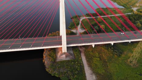 Aerial-shot-Cable-Stayed-Bridge-On-A-River-In-Gdansk,-Poland