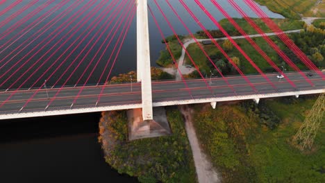 aerial shot cable-stayed bridge on a river in gdansk, poland