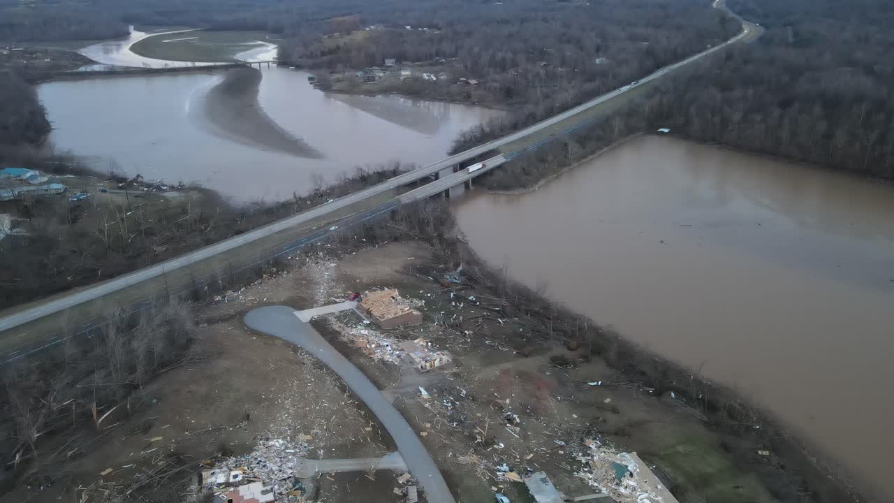 Tornado damage on Lake Barkley, Kentucky on 2021-12-10. Dramatic debris trail visible from a high altitude
