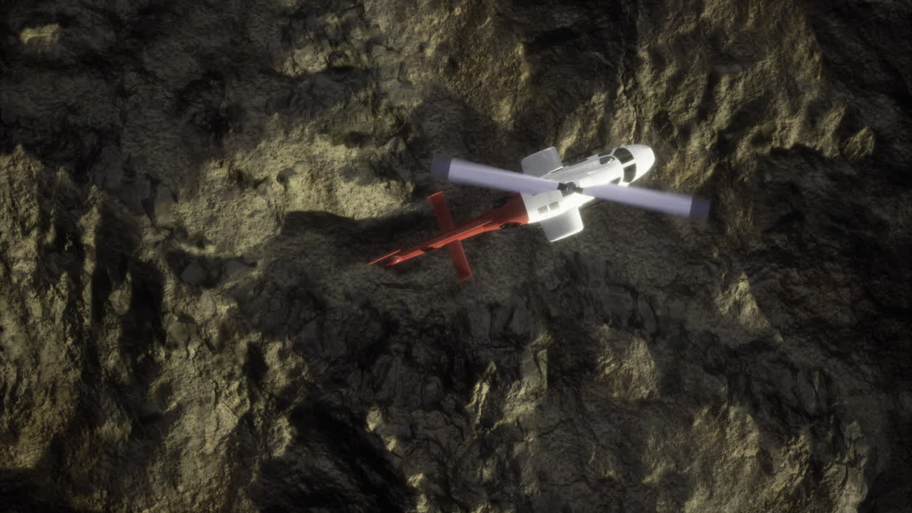 Helicopter flying over rocky terrain