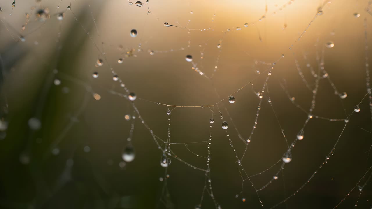 Shifting camera revealing dew-laden spider web at sunrise, showing droplets blurred grass warm glow