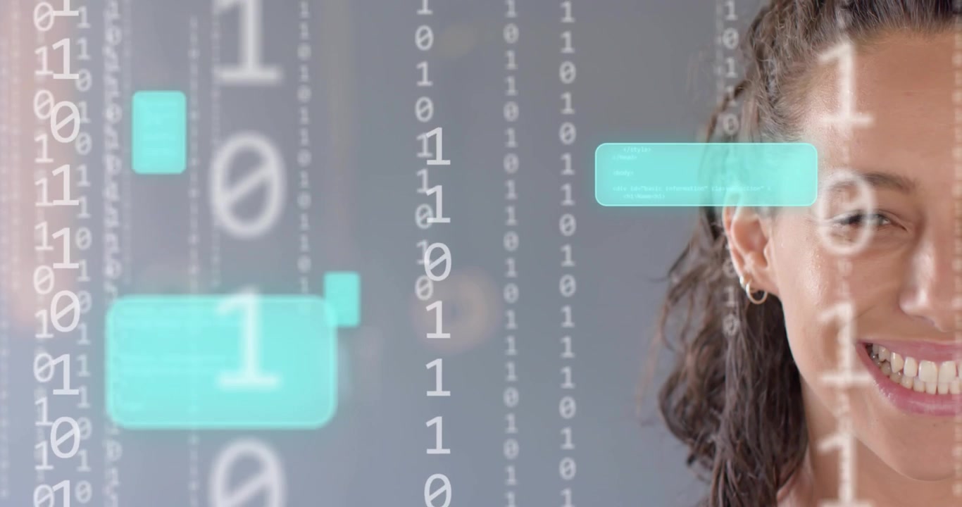 Fluxos binários em cascata sobre uma mulher deslizando painéis turquesa mostrando uma demonstração de tecnologia e então revelando um sorriso.