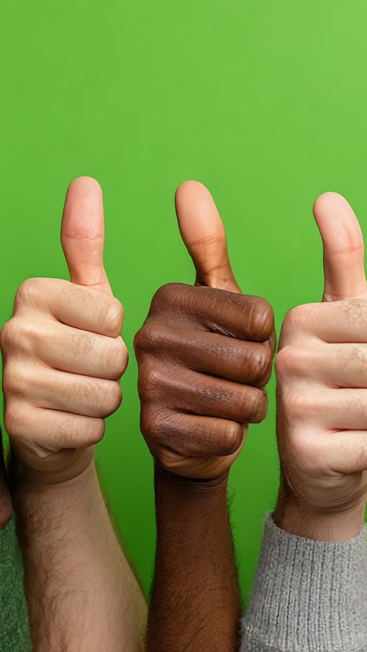 Un groupe diversifié de mains levant le pouce sur un fond vert vif, symbolisant l’unité, la positivité et le soutien