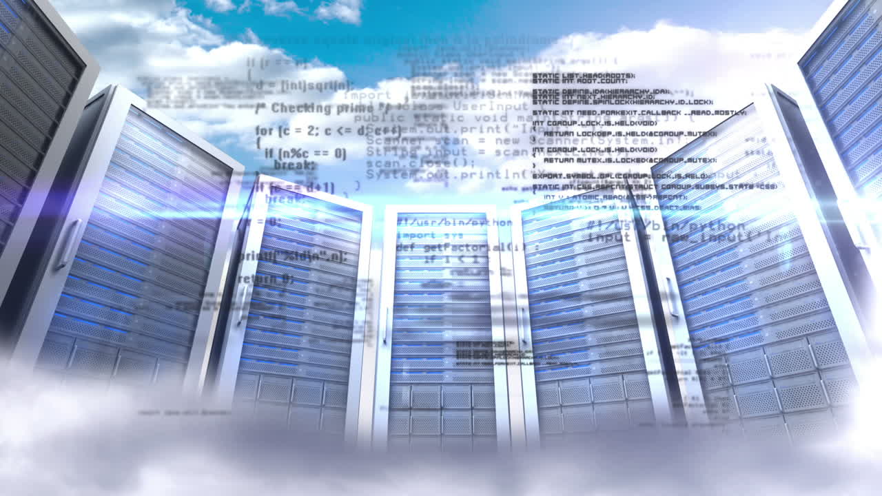 Servers towers on cloudy sky background 