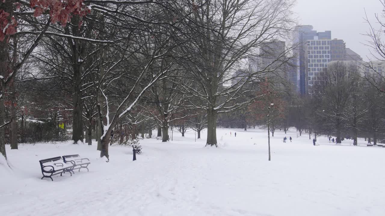 Snow covered Piedmont Park in Atlanta, Georgia.