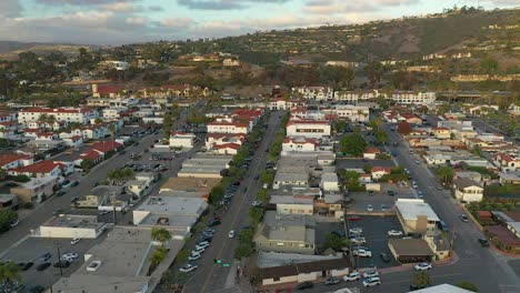 aerial spin over downtown san clemente, california during golden hour