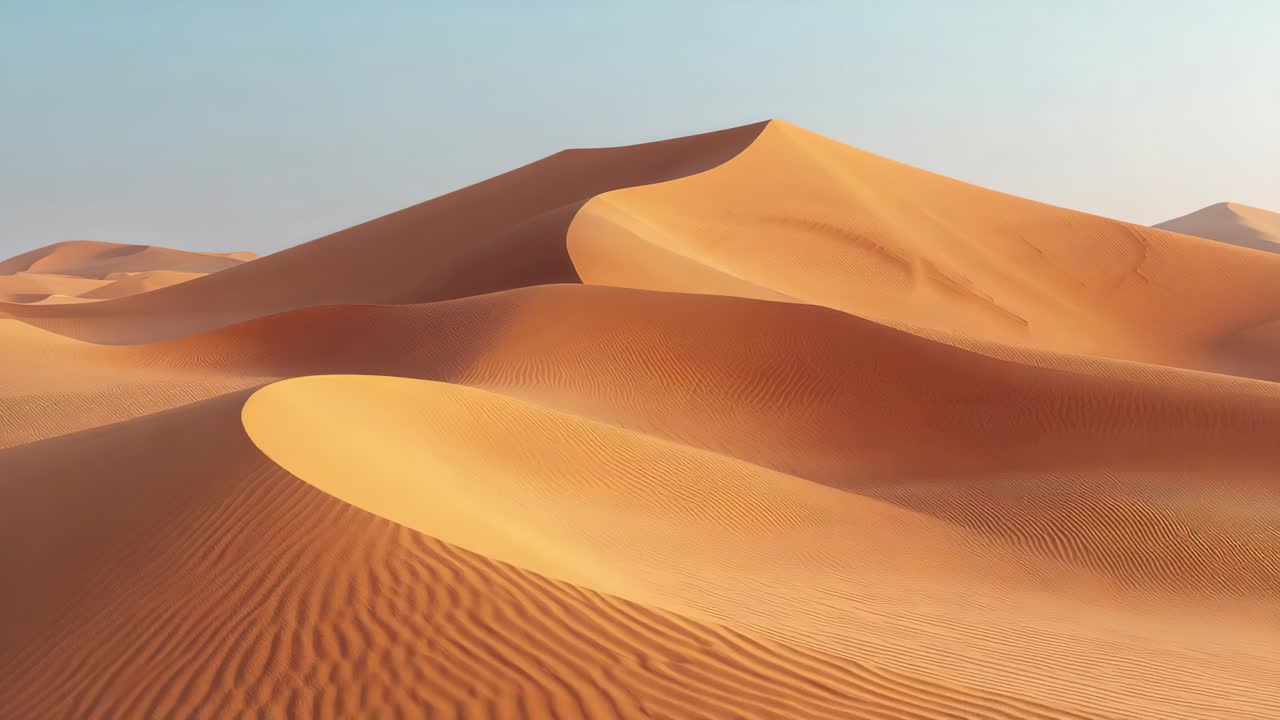 Zoom avanti, la camera si avvicina a una grande duna di sabbia nel deserto, mostrando le texture ondulate