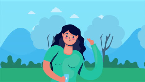 mujer que utiliza la tecnología de redes sociales de teléfonos inteligentes en el campo
