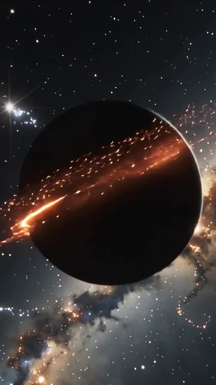 Vertical video: Brightening plasma ring encircling dark sphere in dense starfield, trailing sparks
