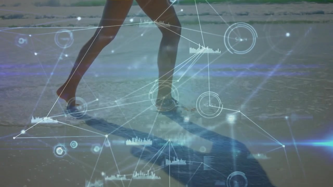 Female legs stepping in water while graphs pulsing around feet visualizing pressure distribution