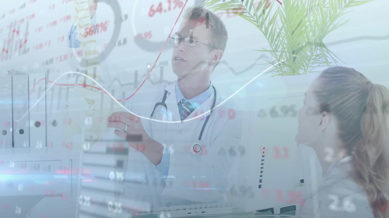 Doctor discussing medical chart with patient over financial data animation