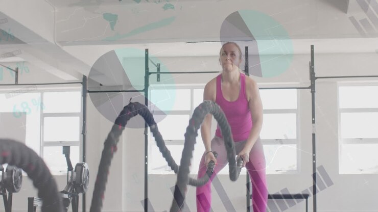 animación de datos en la interfaz sobre la mujer caucásica entrenamiento cruzado con cuerdas de batalla en el gimnasio