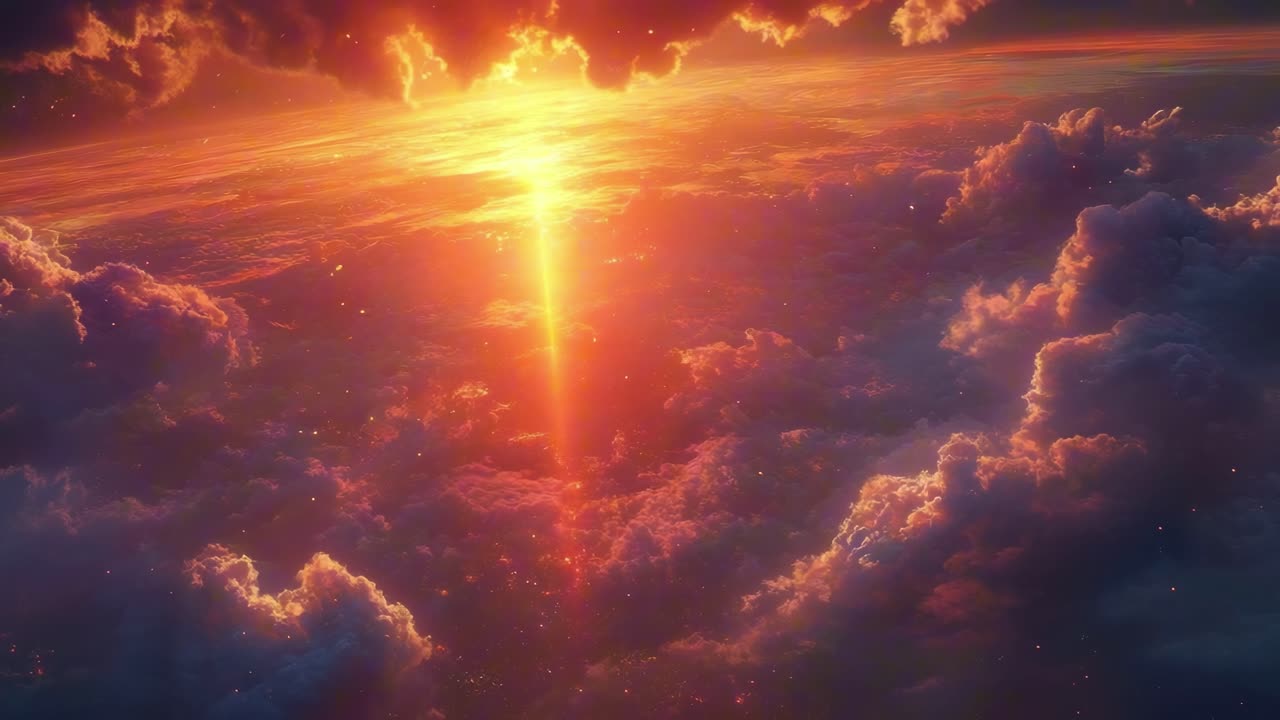 Aerial view of a vibrant sunset above clouds, with a dramatic, cinematic style, resembling a fantasy