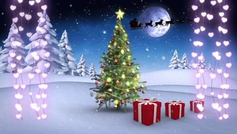 Animation-of-christmas-lights,-tree-and-presents-in-night-winter-landscape