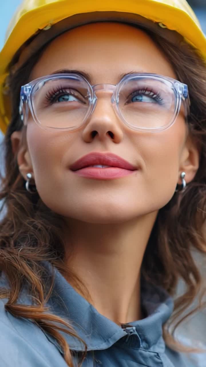 Confident Female Construction Worker Looking Upward, Showcasing Safety Gear and Professional Attitude Under a Bright Hard Hat in a Modern Work Environment