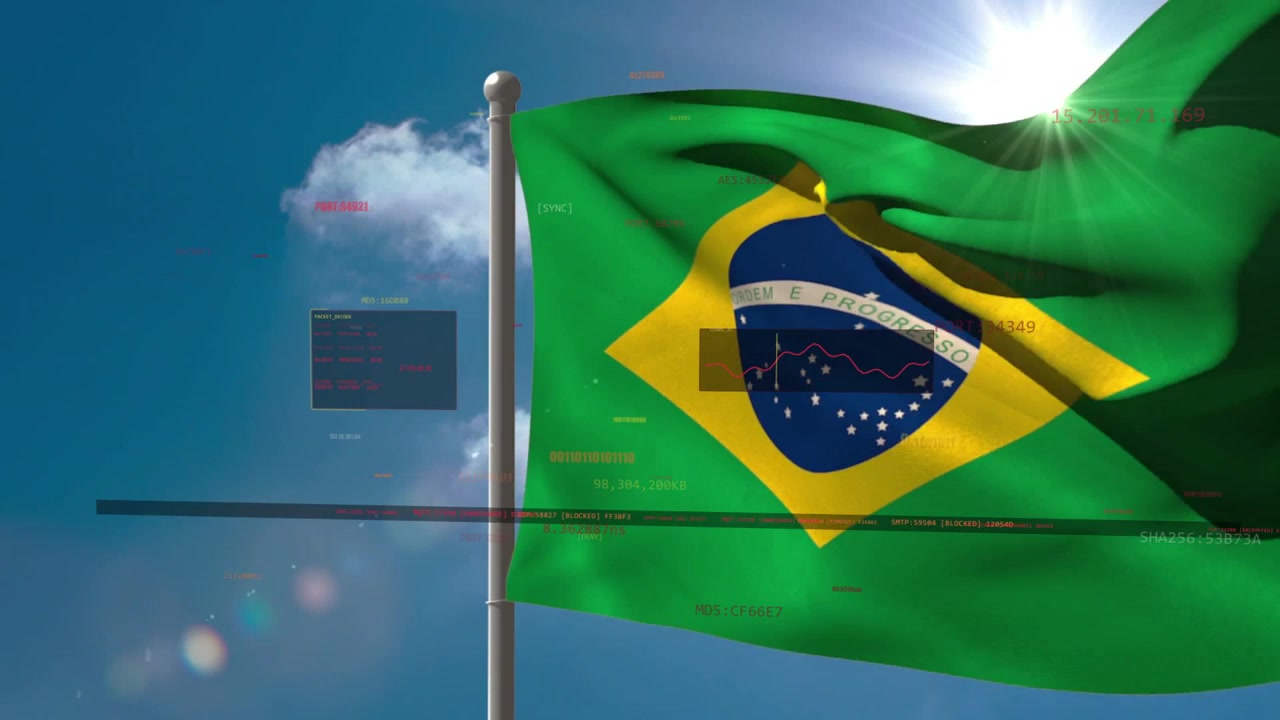 Vento impetuoso che fa sventolare la bandiera brasiliana, piegandola e rivelando il design con un bagliore solare e HUD
