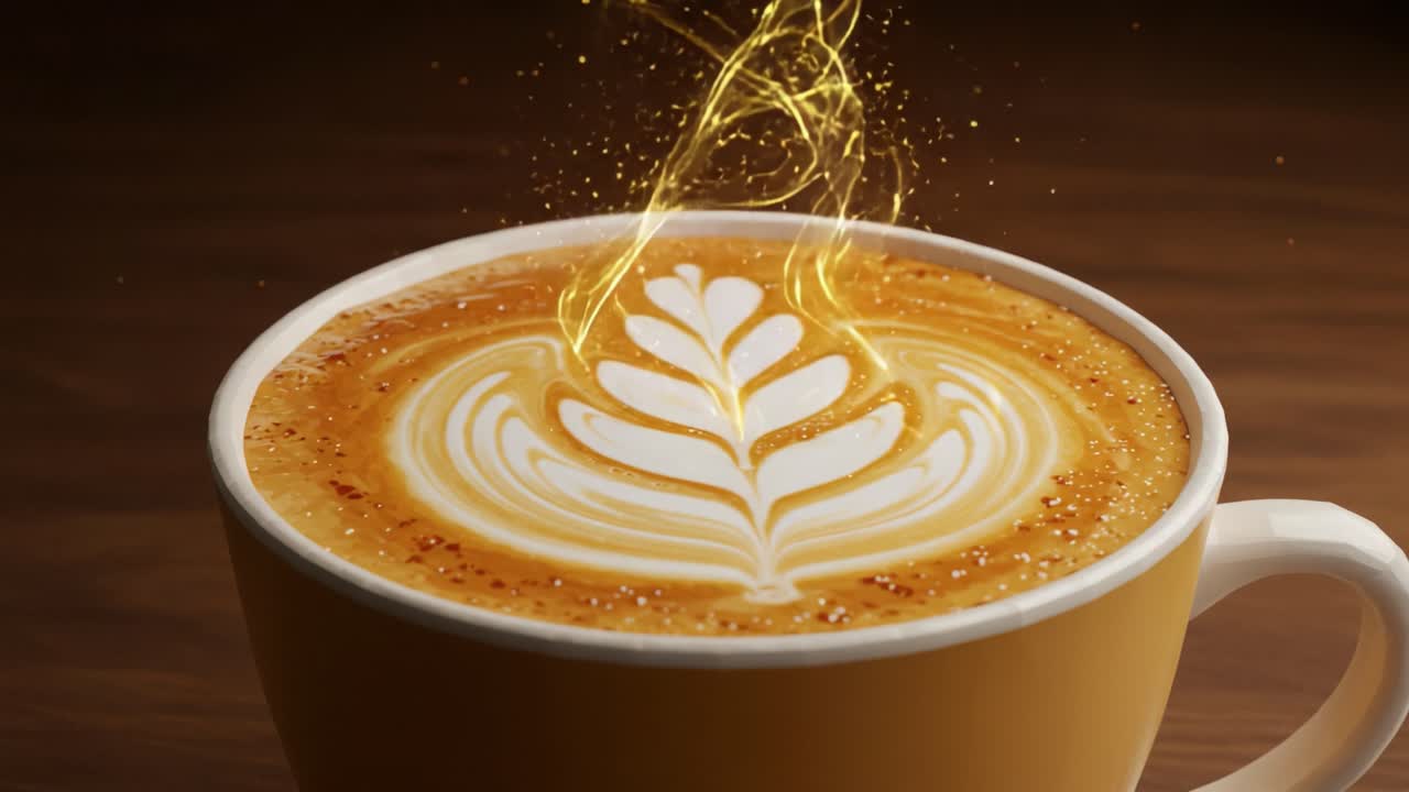 A Captivating Close-Up of Artfully Crafted Latte with Ethereal Swirls and Glimmering Wisps of Steam Rising from the Creamy Surface