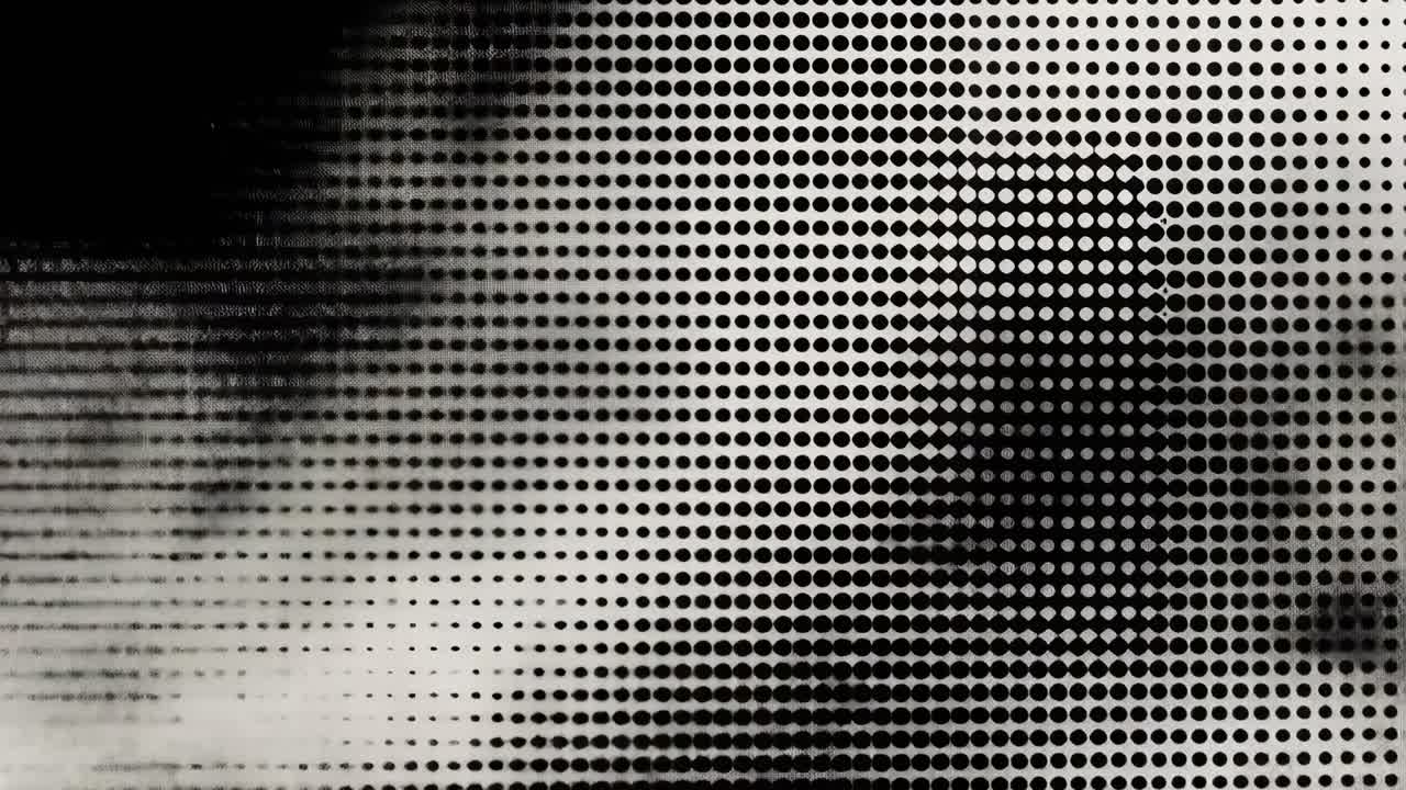 Abstract video art with a halftone pattern and monochrome palette