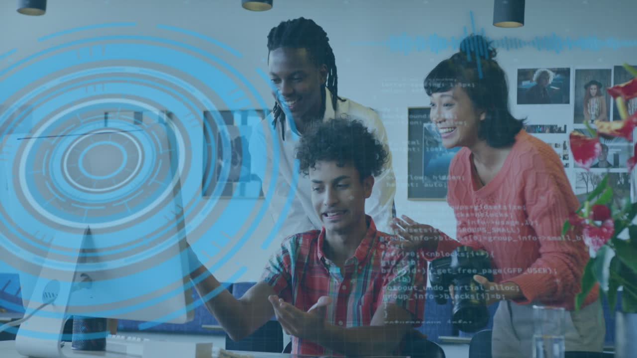 Animation of round scanner and data processing over diverse colleagues discussing at office