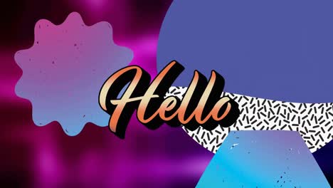 Animation-of-hello-text-over-shapes-on-purple-background