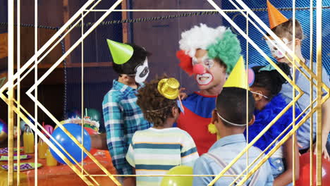 animation of golden shapes over clown and children having fun at party