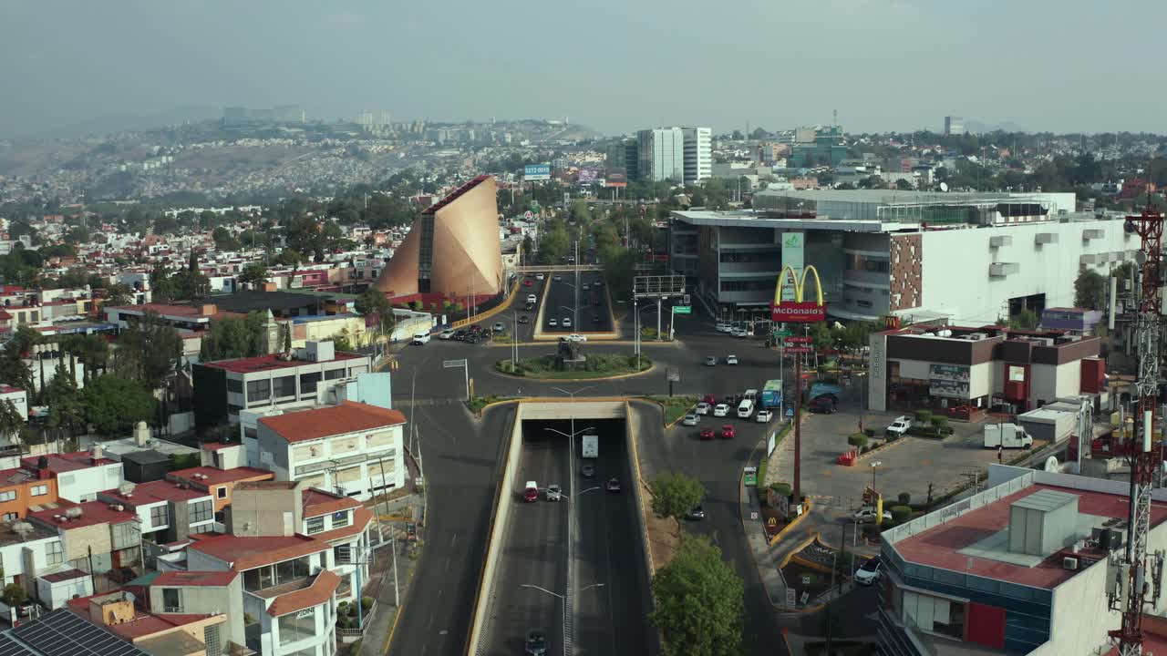 Static Aerial View of Naucalpan, State of Mexico, Gran Terraza Shopping Mall and Gratia Plena Church