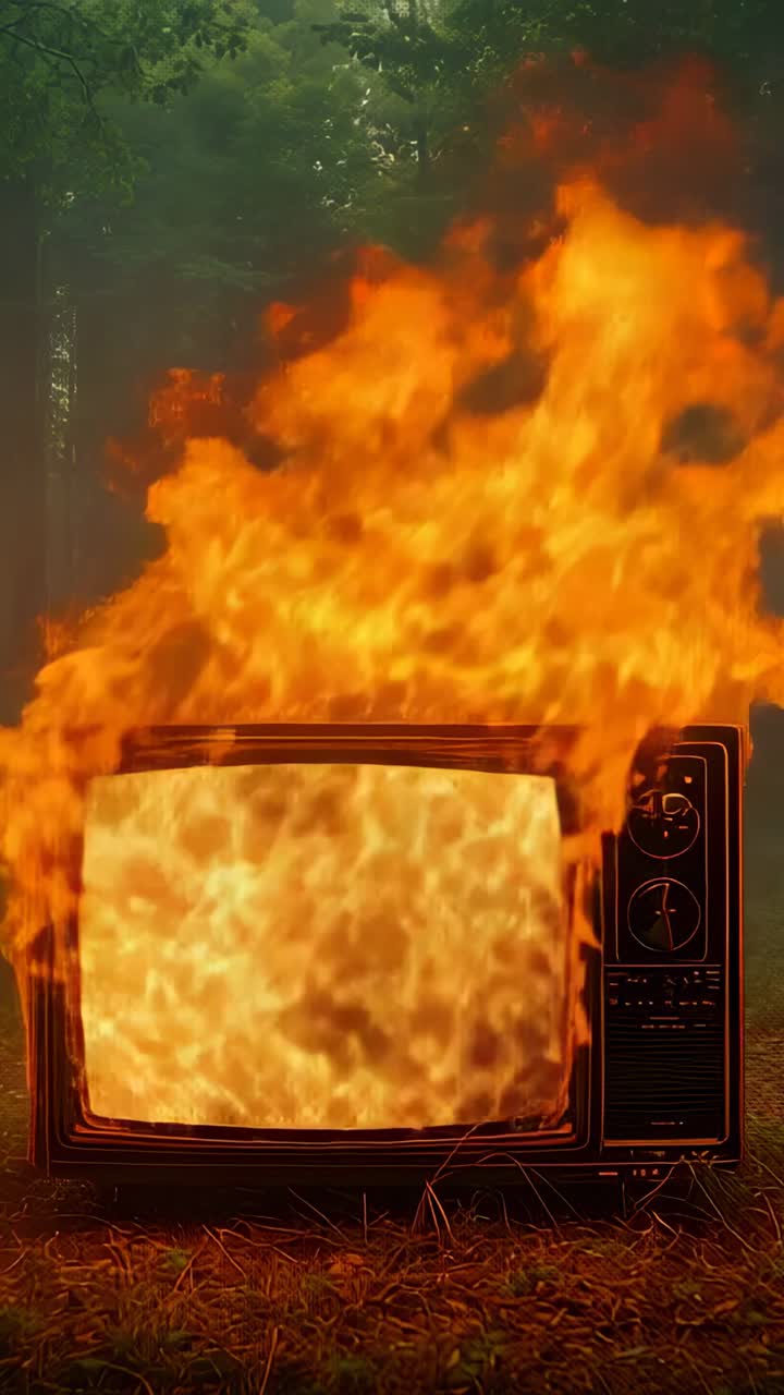 Vertical video: Flames igniting CRT television on pine-needle floor with drifting smoke