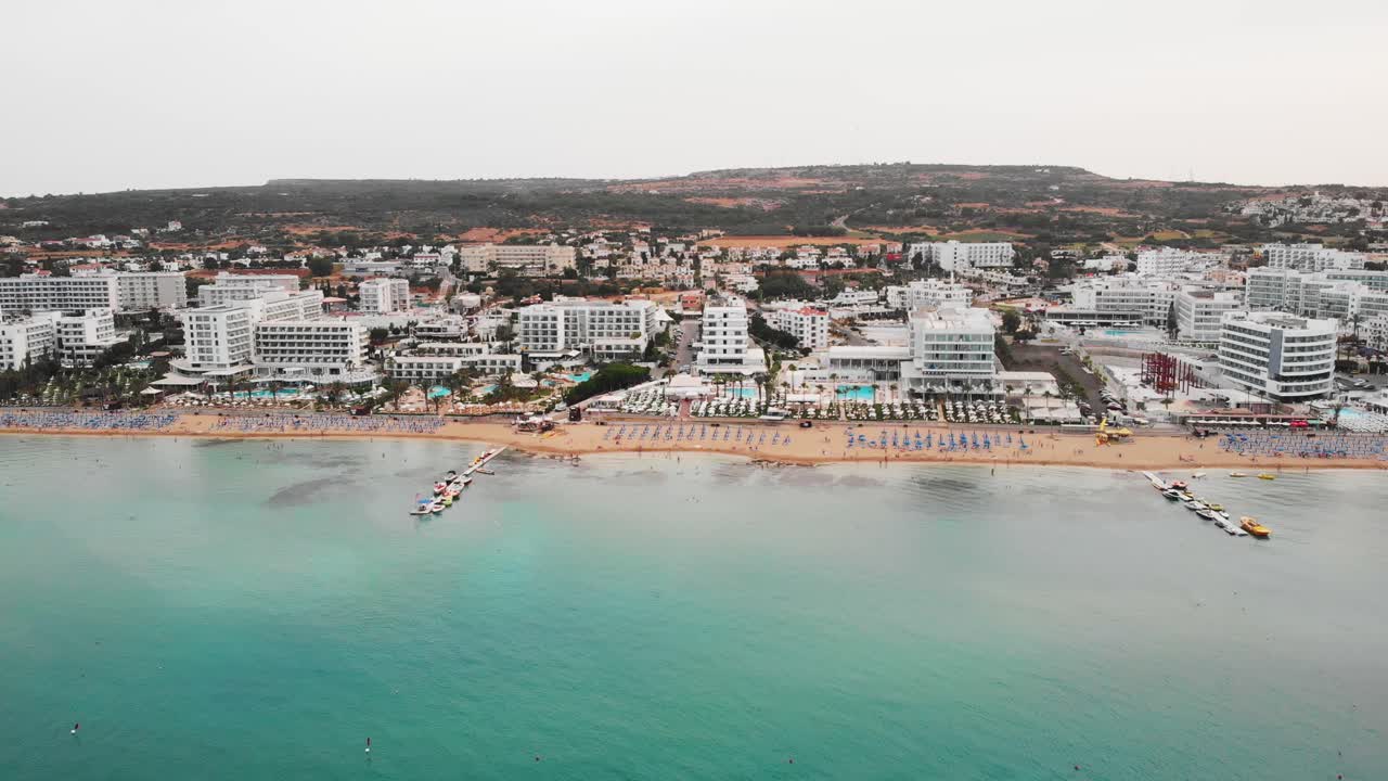 Aerial drone shot of the Sunrise beach. Protaras city, Cyprus