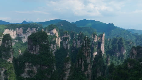 aerial flyover trees overlooking rocky quartz pillars, in wulingyuan, zhangjiajie