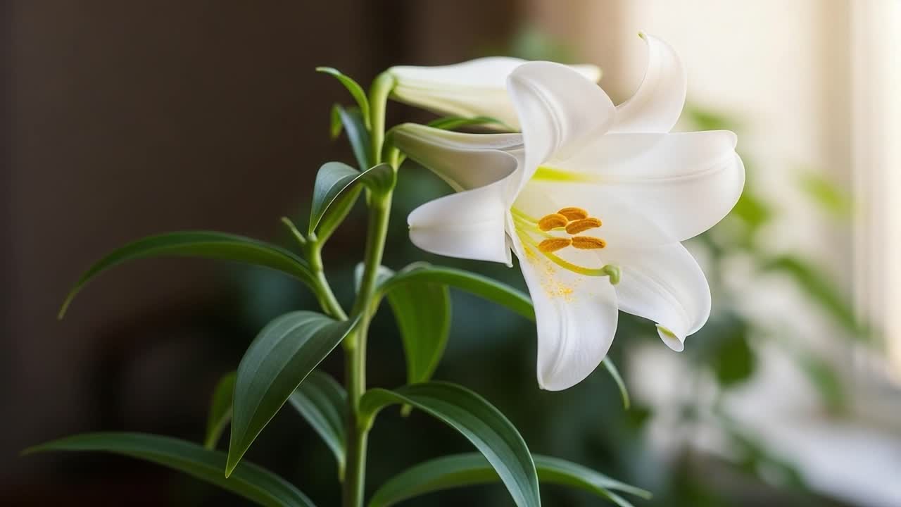 A graceful white lily flower in bloom, showcasing its vibrant petals, unique structure, and natural elegance, set against a softly lit background