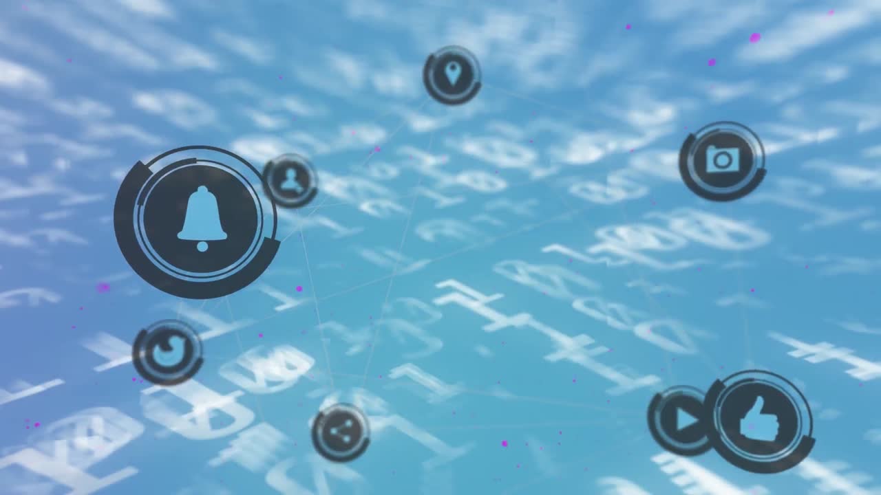 파란색 배경에 데이터 처리 및 미디어 아이콘의 애니메이션