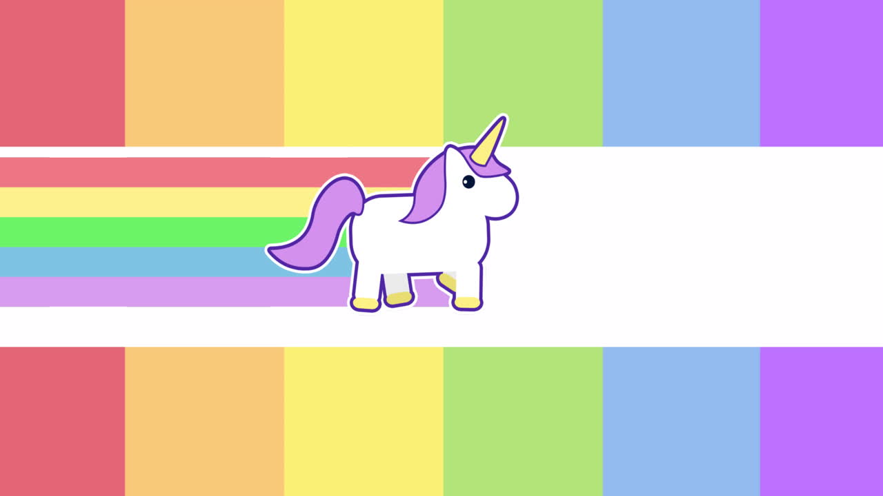 animación del icono del unicornio caminante en el fondo del arco iris
