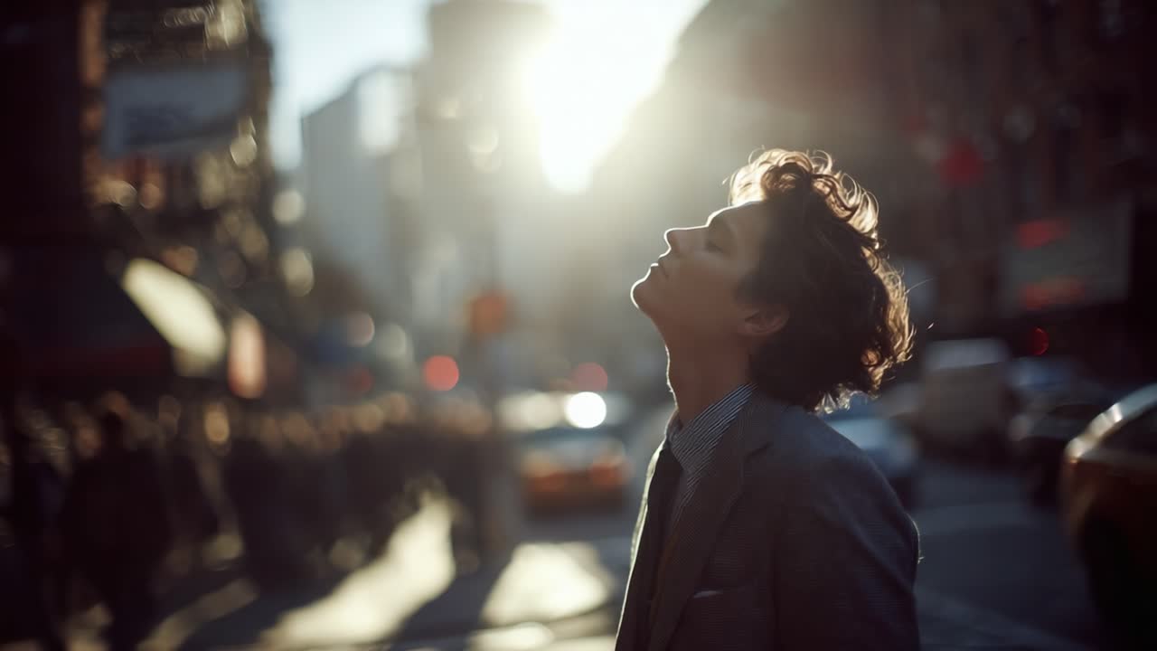 Un individuo contemplativo guarda verso l'alto, avvolto dalle tonalità dorate del tramonto in un paesaggio urbano, mentre la vita cittadina brulica intorno a lui in un momento di riflessione