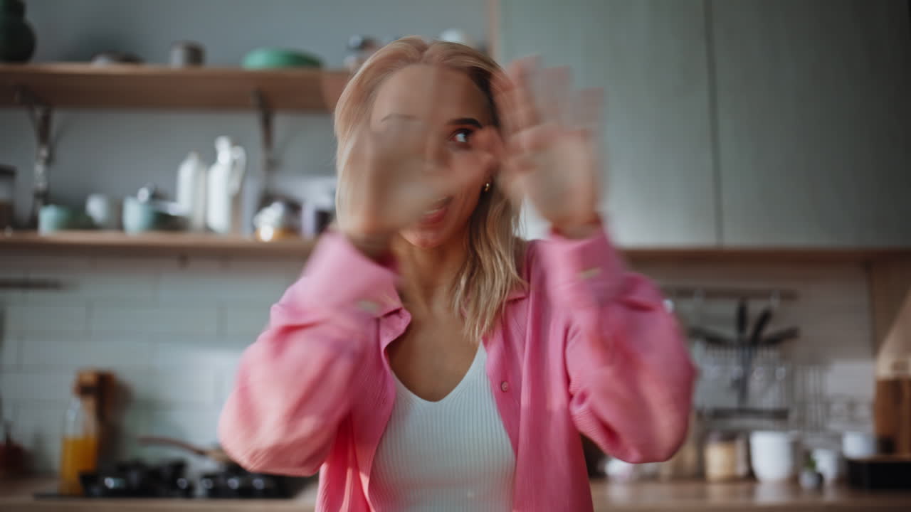 Woman tutor talking online meeting greeting at home office closeup pov view