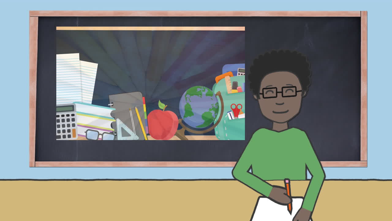 Animación de iconos escolares sobre icono de estudiante escribiendo