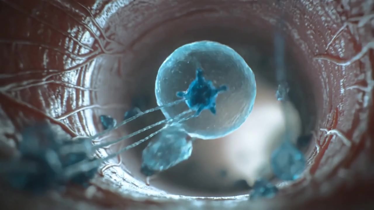 Bright light drawing large blue sphere with darker star core toward lumen exit, trailing filaments