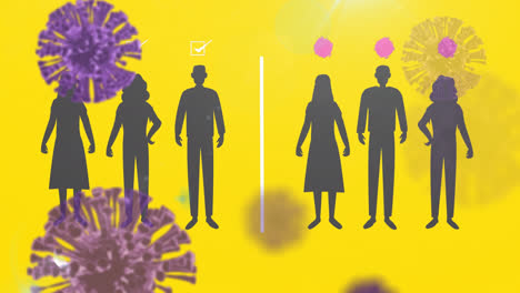 covid-19 cells floating over silhouette of people maintaining social distancing on yellow background