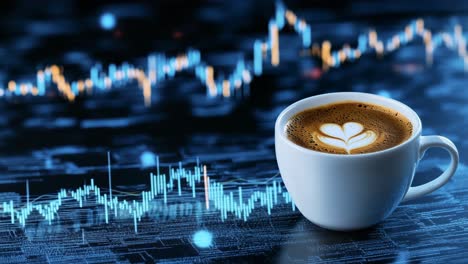 coffee and trading data create synergy. a cup of coffee rests next to stock market graphs, showing market analysis and trading during work hours.