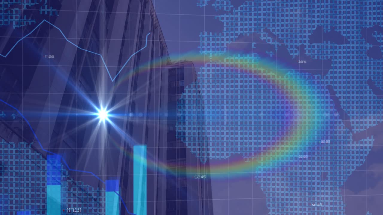 높은 건물을 배경으로 세계 지도에 대한 금융 데이터 처리