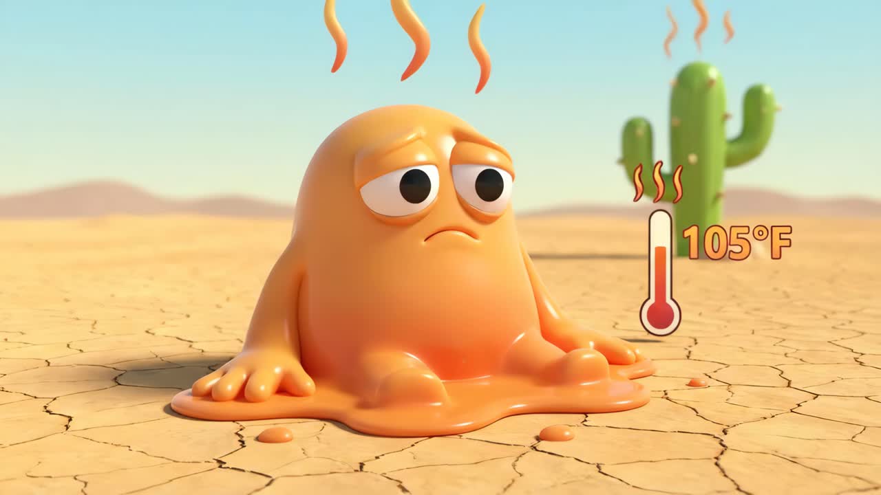 Cartoon Blob-Charakter, der in der extremen Hitze der Wüste schmilzt
